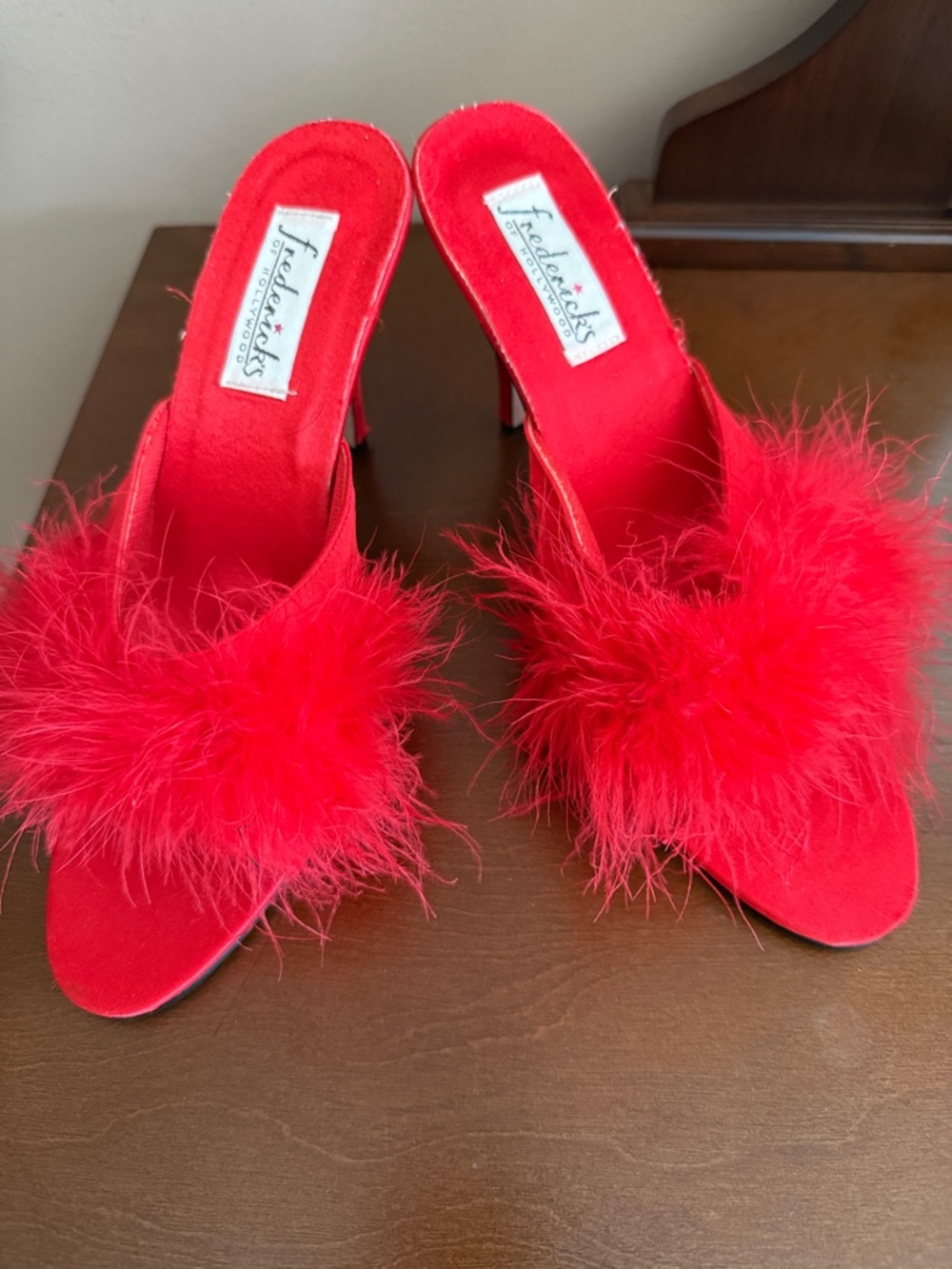 Frederick's of Hollywood Vibrant Red Feather Slide Heels